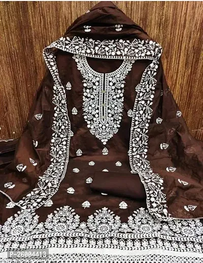 FASHION AVENUE Brown Chanderi Silk Embroidered Dress Material (Unstiched)