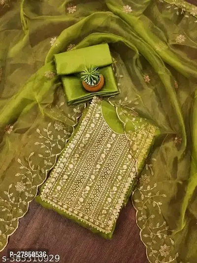 Women Green Organza Embroidered Salwar Suit Dress Material with Dupatta-thumb0