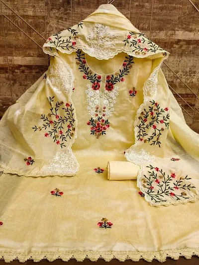 Fancy Chanderi Unstitched Dress Material with Dupatta