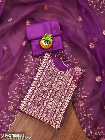 Women Purple Organza Embroidered Salwar Suit Dress Material with Dupatta