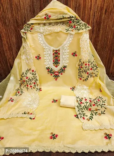 FASHION AVENUE Yellow Chanderi Silk Embroidered Dress Material (Unstiched)