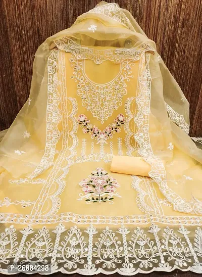 FASHION AVENUE Yellow Organza Silk Embroidered Dress Material (Unstiched)