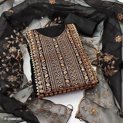 FASHION AVENUE Black Organza Silk Embroidered Dress Material (Unstiched)