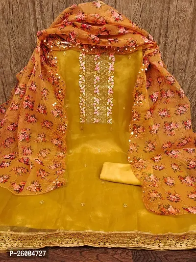 FASHION AVENUE Mustard Orangza Embroidered Dress Material (Unstiched)
