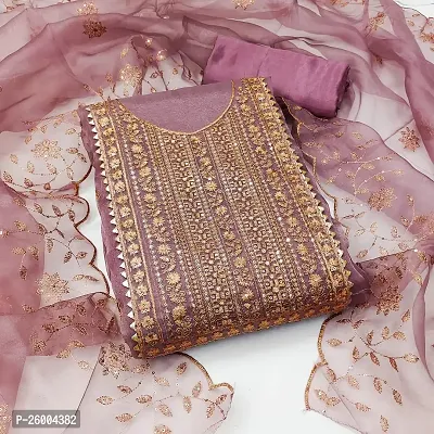 FASHION AVENUE Purple Organza Silk Embroidered Dress Material (Unstiched)