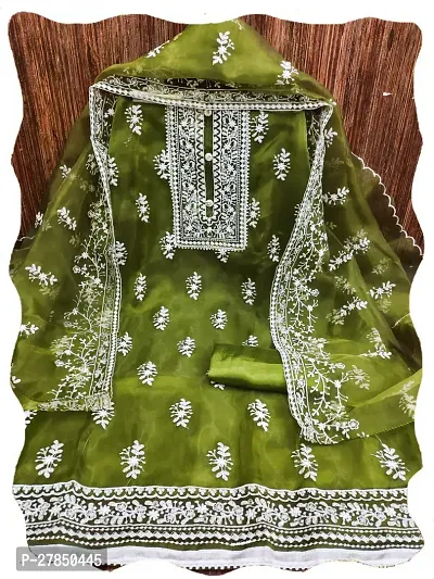 WE R FAB Green Organza Embroidered Dress Material (Unstitched)-thumb3