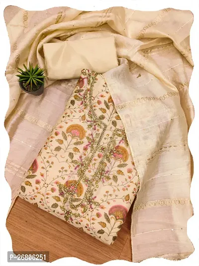 Fashioin Avenue Beige Chanderi Silk Embroidered Dress Material (Unstitched)-thumb0