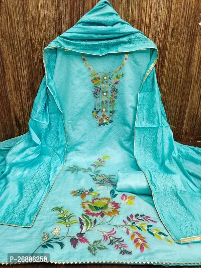 Fashioin Avenue Turquoise Banarasi Silk Embroidered Dress Material (Unstitched)-thumb2