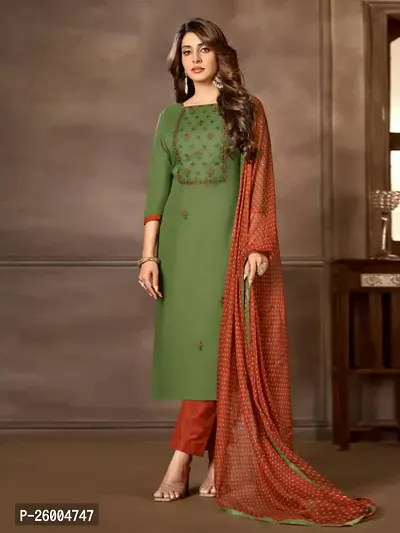 FASHION AVENUE Green Cotton Embroidered Dress Material (Unstiched)