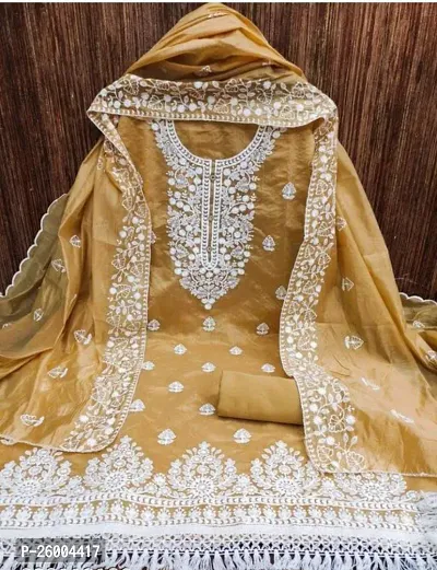 FASHION AVENUE Yellow Chanderi Silk Embroidered Dress Material (Unstiched)