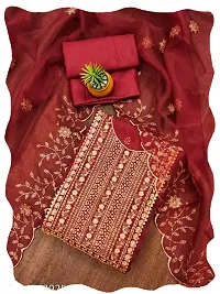 Women Red Organza Embroidered Salwar Suit Dress Material with Dupatta-thumb1