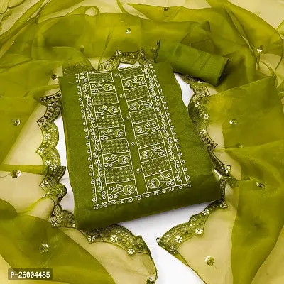 FASHION AVENUE Green Organza Silk Embroidered Dress Material (Unstiched)