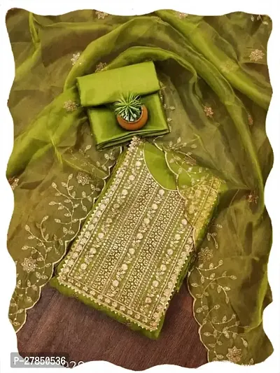 Women Green Organza Embroidered Salwar Suit Dress Material with Dupatta-thumb2