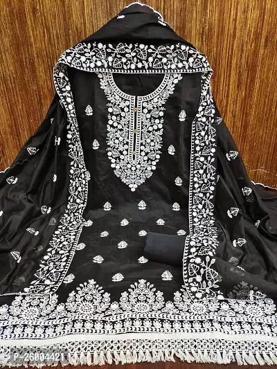 FASHION AVENUE Black Chanderi Silk Embroidered Dress Material (Unstiched)-thumb0