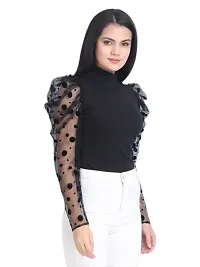 Women's Cotton Blended Regular Black top with net Sleeve top for Women (X-Large)-thumb3