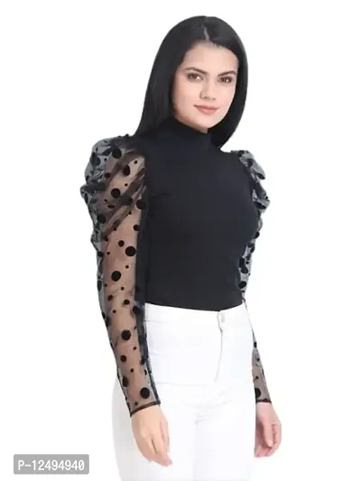 Women's Cotton Blended Regular Black top with net Sleeve top for Women (X-Large)-thumb4