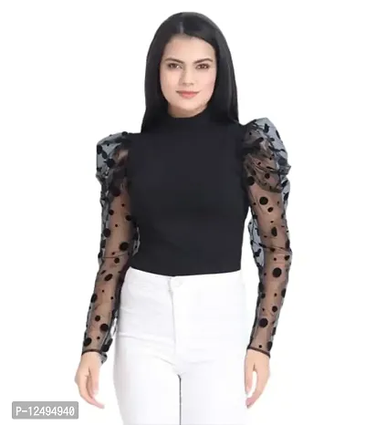 Women's Cotton Blended Regular Black top with net Sleeve top for Women (X-Large)-thumb0