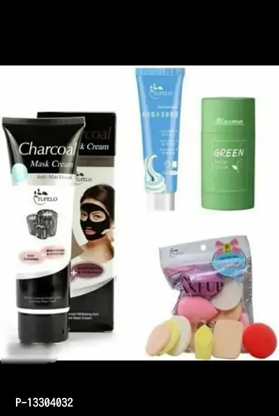 Charcoal face mask, ice-cream mask, green mask stick and makeup sponge family Pouch