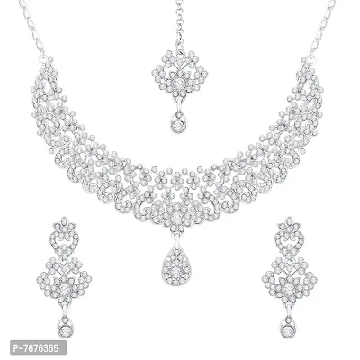 Atasi International Triune Sparkle Diamond Silver Plated Alloy Choker Necklace Set with Earrings and Maang Tikka For Women (R5405)-thumb0