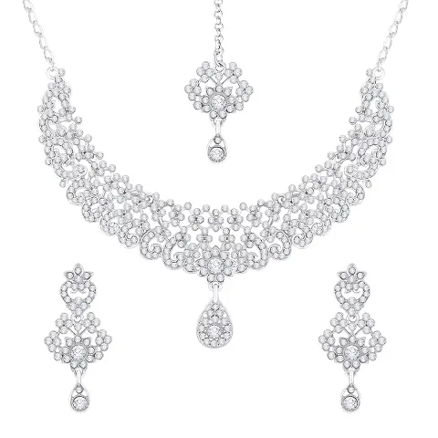 Atasi International Triune Sparkle Diamond Plated Alloy Choker Necklace Set with Earrings and Maang Tikka For Women (R5405)