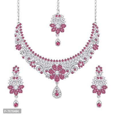 Atasi International Silky Pink Silver Set with Earrings and Maang Tikka For Women (RP5398)-thumb0