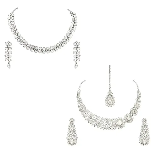 Atasi International Combo of 2 Necklace Jewellery Sets with Earrings and Maang Tikka - Plated American Diamond CZ Style For Women For Wedding, Party Ocassional Wear (C569)