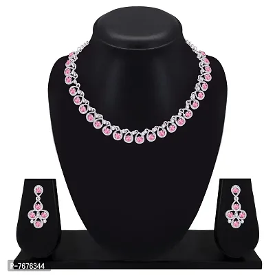 Atasi International Pink Diamond Silver Plated Alloy Necklace Set with Earrings For Women (RP5461)-thumb2