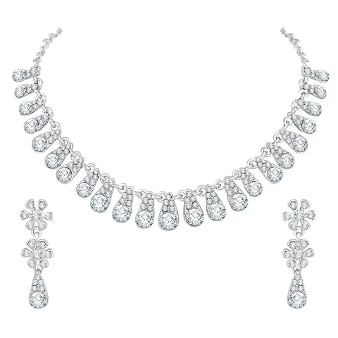 Partywear Alloy Silver Plated American Diamond Necklace Set