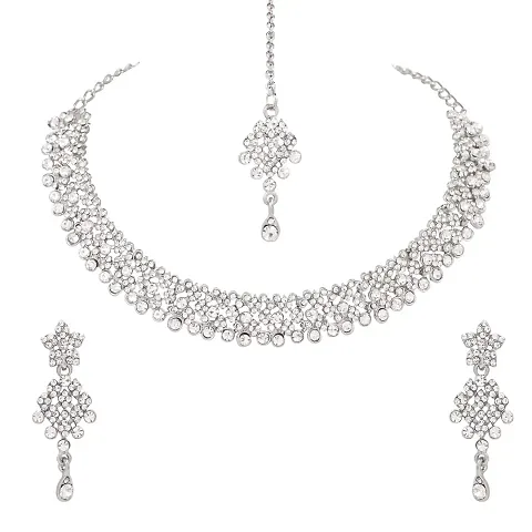 Atasi International Dazzling Diamond Plated Alloy Necklace Set with Earrings and Maang Tikka For Women (RO4073)