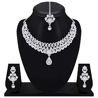 Atasi International Triune Sparkle Diamond Silver Plated Alloy Choker Necklace Set with Earrings and Maang Tikka For Women (R5405)-thumb2