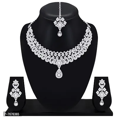 Atasi International Triune Sparkle Diamond Silver Plated Alloy Choker Necklace Set with Earrings and Maang Tikka For Women (R5405)-thumb3