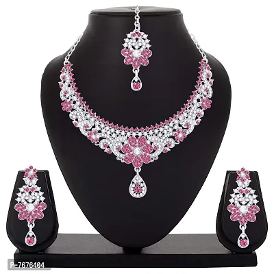 Atasi International Silky Pink Silver Set with Earrings and Maang Tikka For Women (RP5398)-thumb5