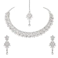 Atasi International Combo of 2 Necklace Jewellery Sets with Earrings and Maang Tikka - Silver Plated American Diamond CZ Style For Women For Wedding, Party  Ocassional Wear (C569)-thumb2