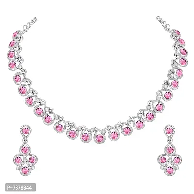 Atasi International Pink Diamond Silver Plated Alloy Necklace Set with Earrings For Women (RP5461)-thumb0