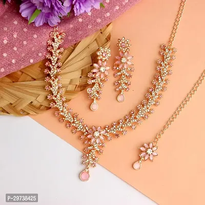 Diamond Necklace Jewellery Set for Women with Earrings and Maang Tikka for Wedding, Party, Engagements  Festivals-thumb0