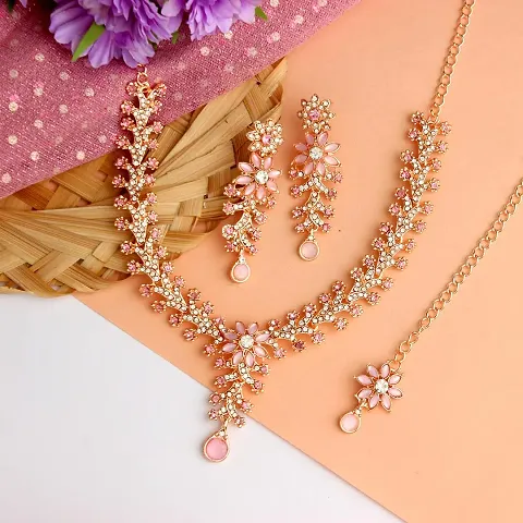 Diamond Necklace Jewellery Set for Women with Earrings and Maang Tikka for Wedding, Party, Engagements Festivals