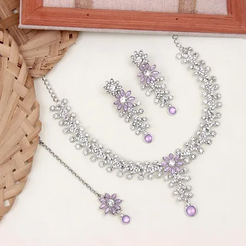 Diamond Necklace Jewellery Set for Women with Earrings and Maang Tikka for Wedding, Party, Engagements Festivals