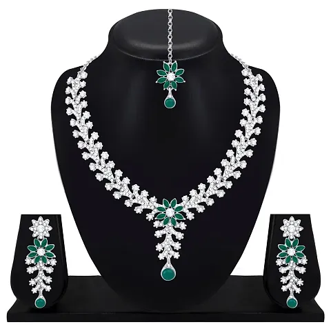 Atasi International Diamond Necklace Jewellery Set for Women with Earrings and Maang Tikka for Wedding, Party, Engagements Festivals