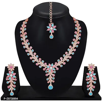 Diamond Necklace Jewellery Set for Women with Earrings and Maang Tikka for Wedding, Party, Engagements  Festivals-thumb0