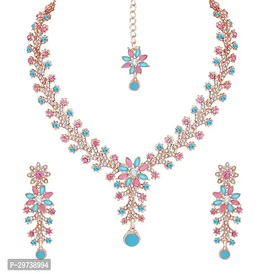 Diamond Necklace Jewellery Set for Women with Earrings and Maang Tikka for Wedding, Party, Engagements  Festivals-thumb3