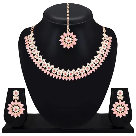 Diamond Necklace Jewellery Set for Women with Earrings and Maang Tikka for Wedding, Party, Engagements Festivals