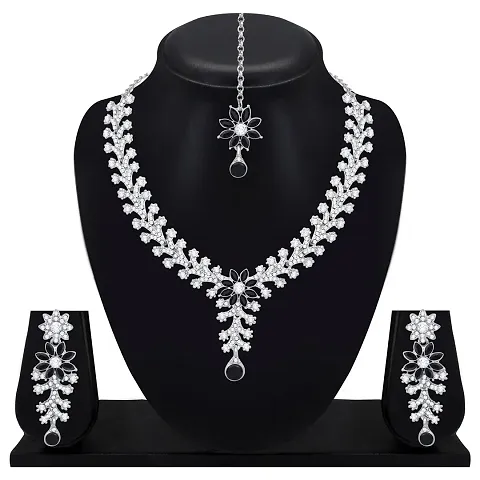 Atasi International Diamond Necklace Jewellery Set for Women with Earrings and Maang Tikka for Wedding, Party, Engagements Festivals