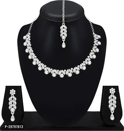 Silver Plated AD Crystal Austrian Diamond Necklace Jewellery Set with Earrings  Maang Tikka-thumb0