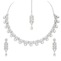 Silver Plated AD Crystal Austrian Diamond Necklace Jewellery Set with Earrings  Maang Tikka-thumb1