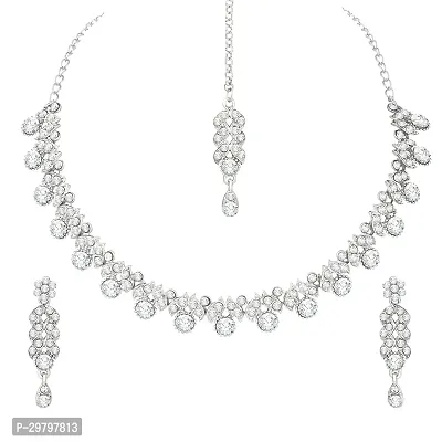 Silver Plated AD Crystal Austrian Diamond Necklace Jewellery Set with Earrings  Maang Tikka-thumb2