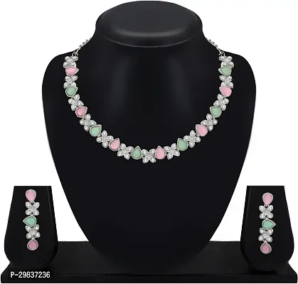 Alloy Rhodium Silver, Pink, Green Jewel Set-thumb0