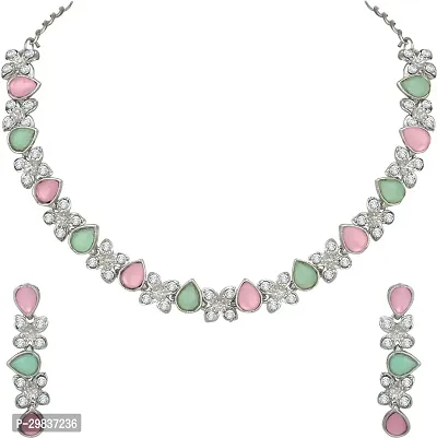 Alloy Rhodium Silver, Pink, Green Jewel Set-thumb2