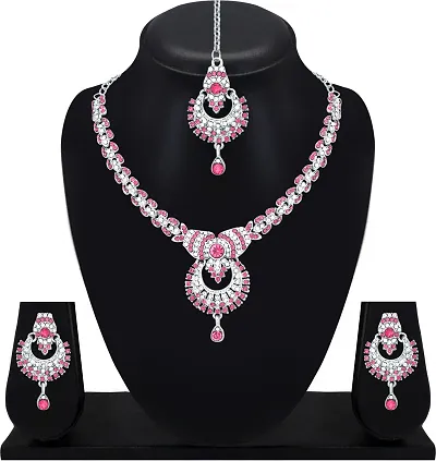 Diamond Necklace Jewellery Set for Women with Earrings and Maang Tikka for Wedding, Party, Engagements Festivals