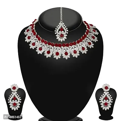 Alloy Rhodium Silver, Maroon Jewel Set-thumb0