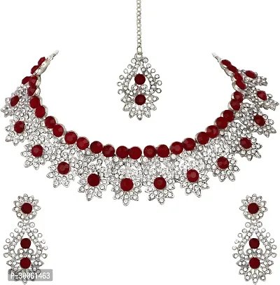 Alloy Rhodium Silver, Maroon Jewel Set-thumb2